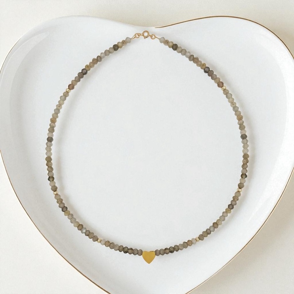 Neutral Beaded Necklace with Gold Heart Accent